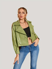 Faux Leather Lapel Jacket Buckle Front Outerwear