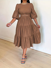 Women's Plus Solid Bubble Sleeve Midi Smock Dress