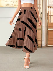 Vintage Brush Print Pleated Skirt Elastic Waist Midi