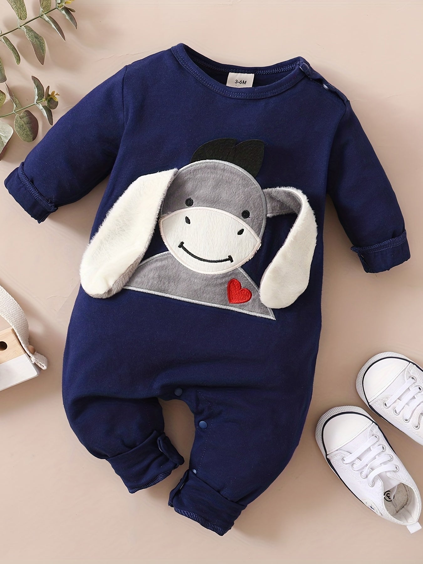 Embroidered Cotton Long Sleeve Jumpsuit With Cute Ears