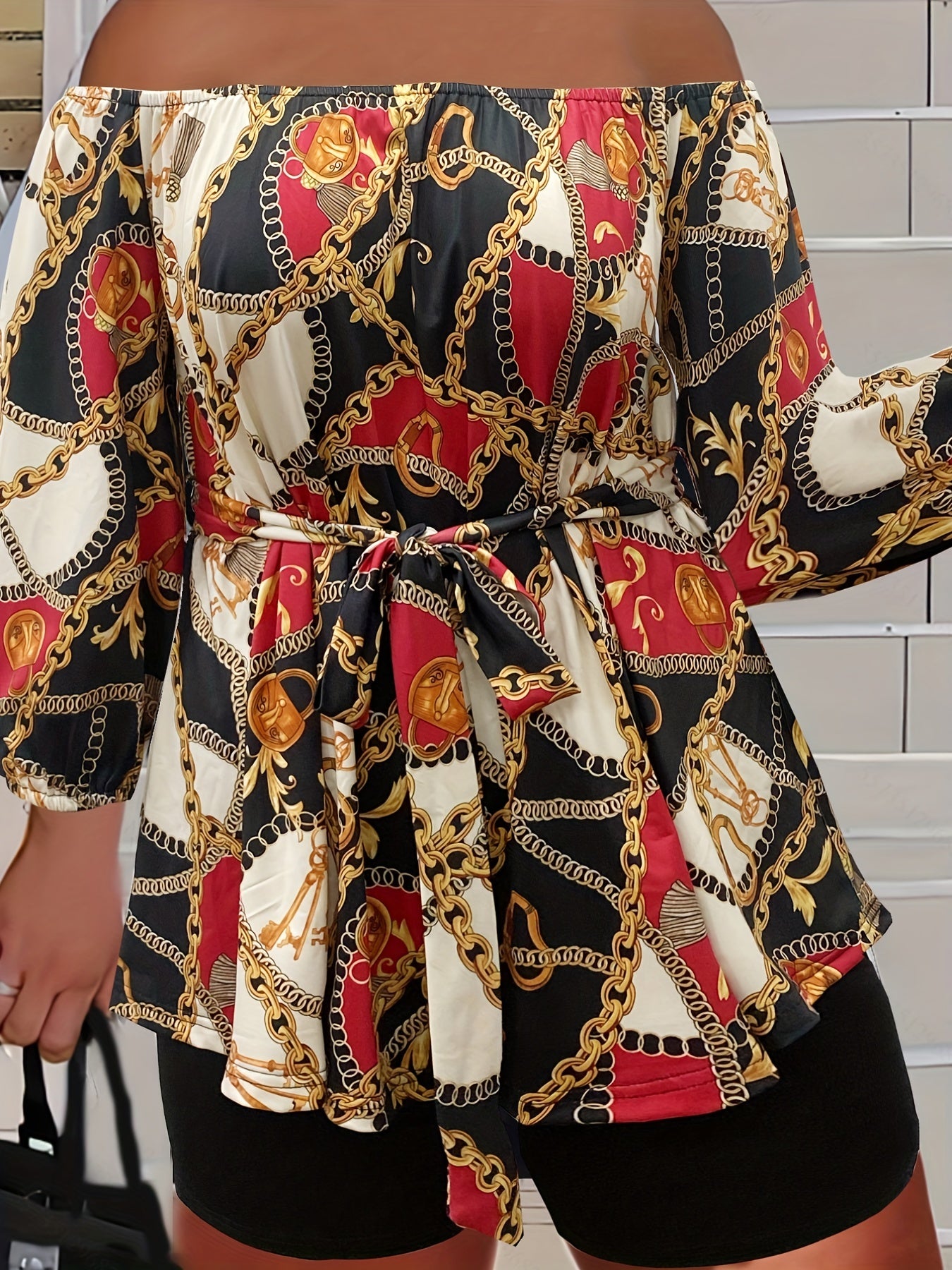 Baroque Print 2 Piece Set Off Shoulder Top & Biker Shorts