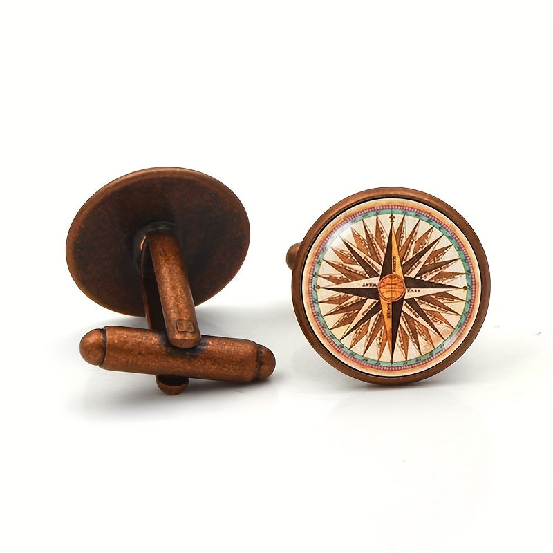 Vintage Compass Cufflinks Tie Clip Set