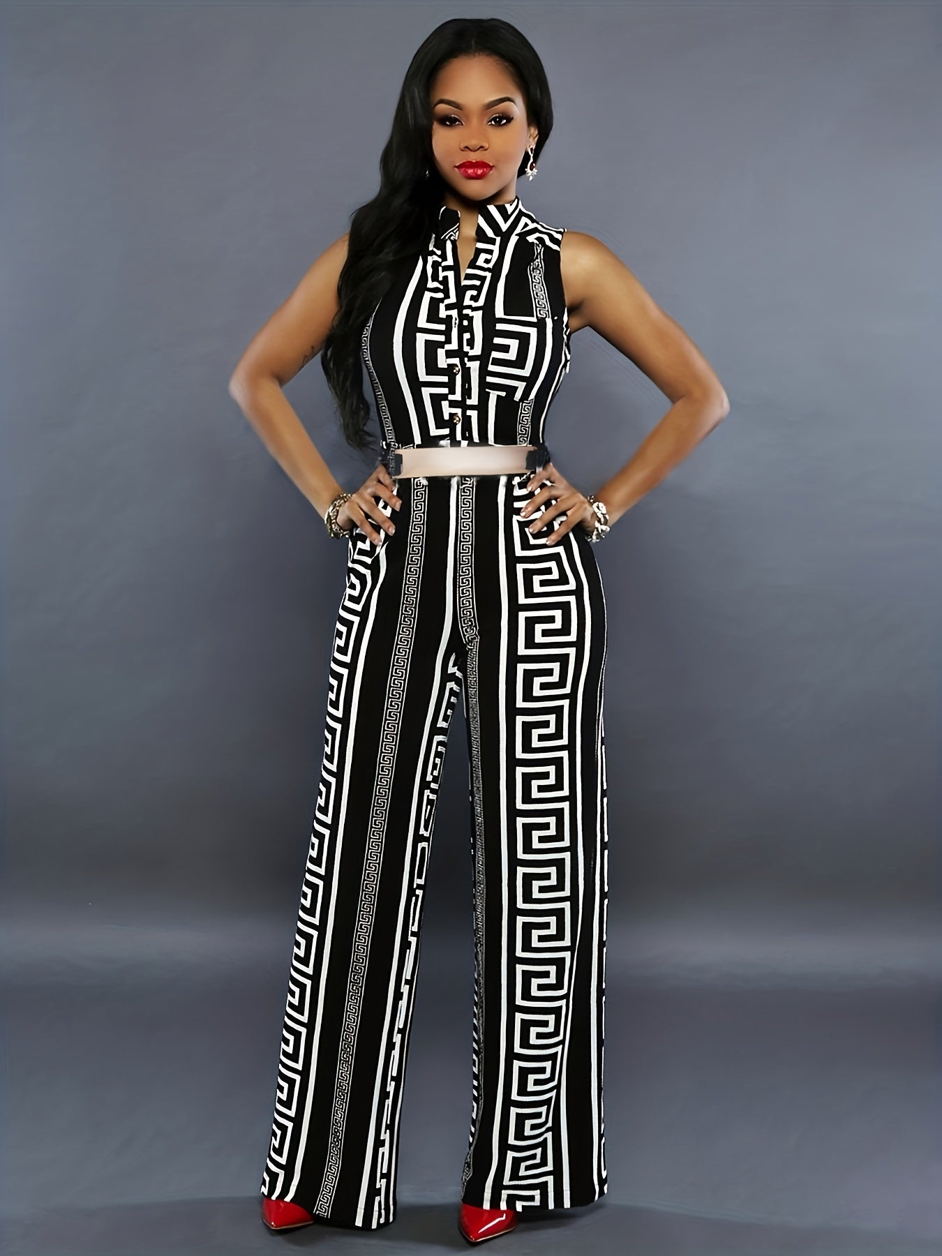 Geo Print Button Front Jumpsuit Sleeveless Wide Leg Jumpsuit