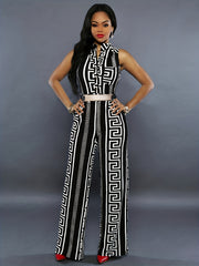 Geo Print Button Front Jumpsuit Sleeveless Wide Leg Jumpsuit