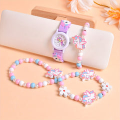 3pcs 3D Cartoon Horse Silicone Strap Girls' Watch Creative Quartz Wristwatch
