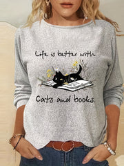 Cat & Book Print Long Sleeve T shirt Women's Clothing
