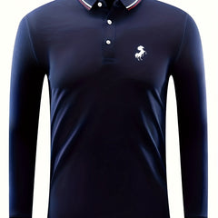Men's Horse Print Polo Shirt Casual Stretch Breathable Button Up Long Sleeve