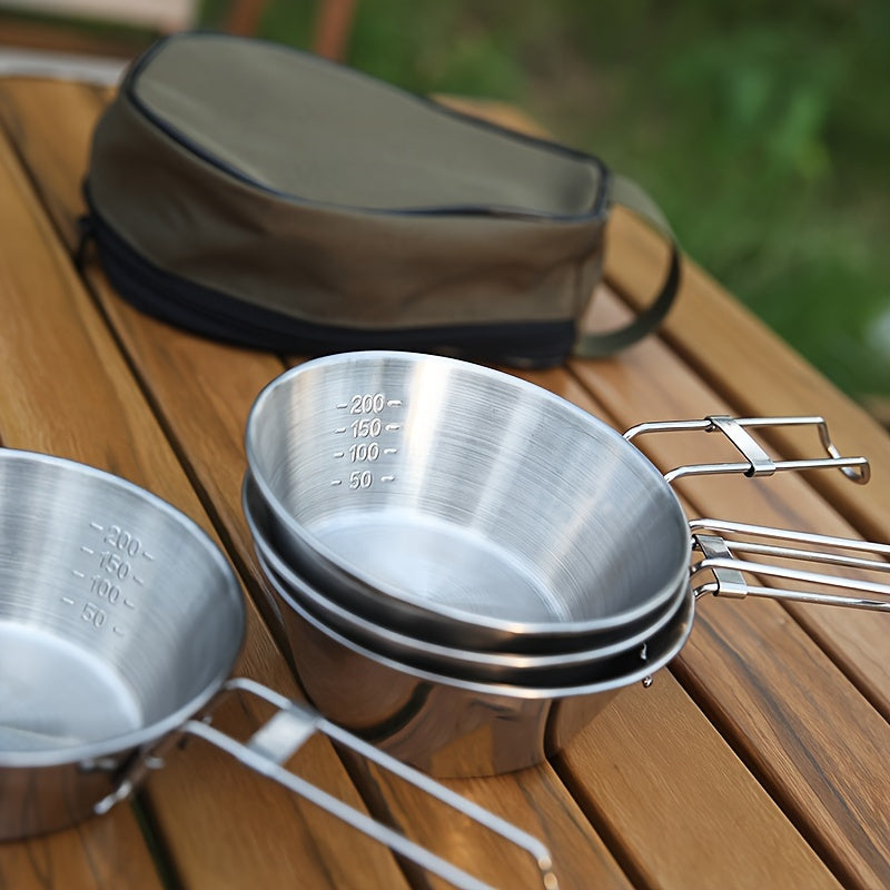 Stainless Steel Camping Bowl Set with Handle & Storage Bag