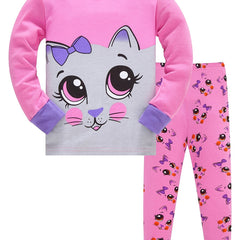 Girls Cat Print Pajamas Set, Long Sleeve Crew Neck Tops & Pants, Pink