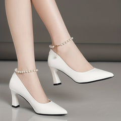 Faux Pearl Buckle Strap Pyramid Heels Pointed Toe Slip On High Heel Shoes