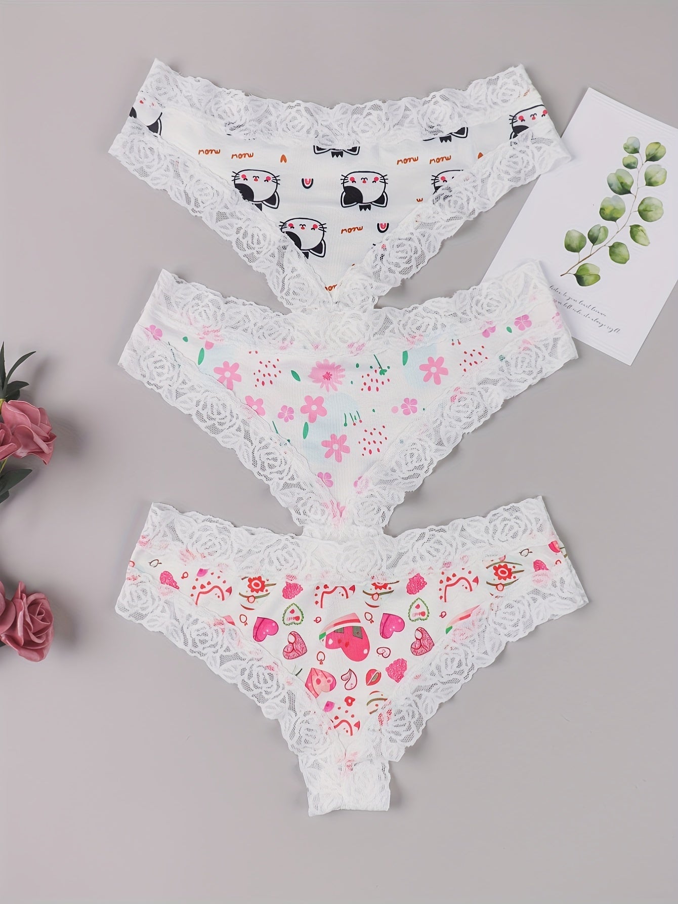 3 Pack Plus Size Cheeky Panties - Floral & Heart & Cat Print Lace Trim