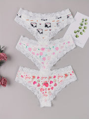 3 Pack Plus Size Cheeky Panties - Floral & Heart & Cat Print Lace Trim