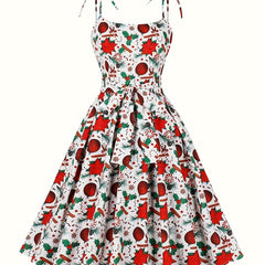 Christmas Dress Women's Plus Allover Print Tie Shoulder Round Neck Kno