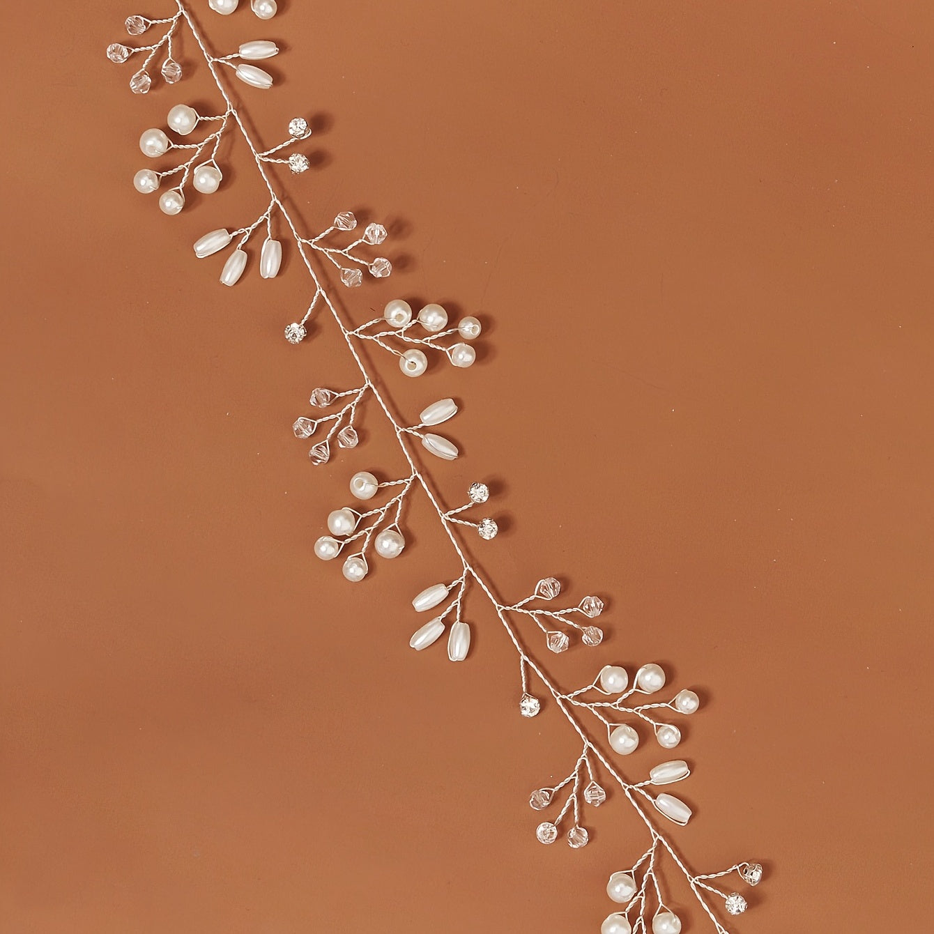 Silvery Flower & Leaf Wedding Hair Vine Pearl Headband