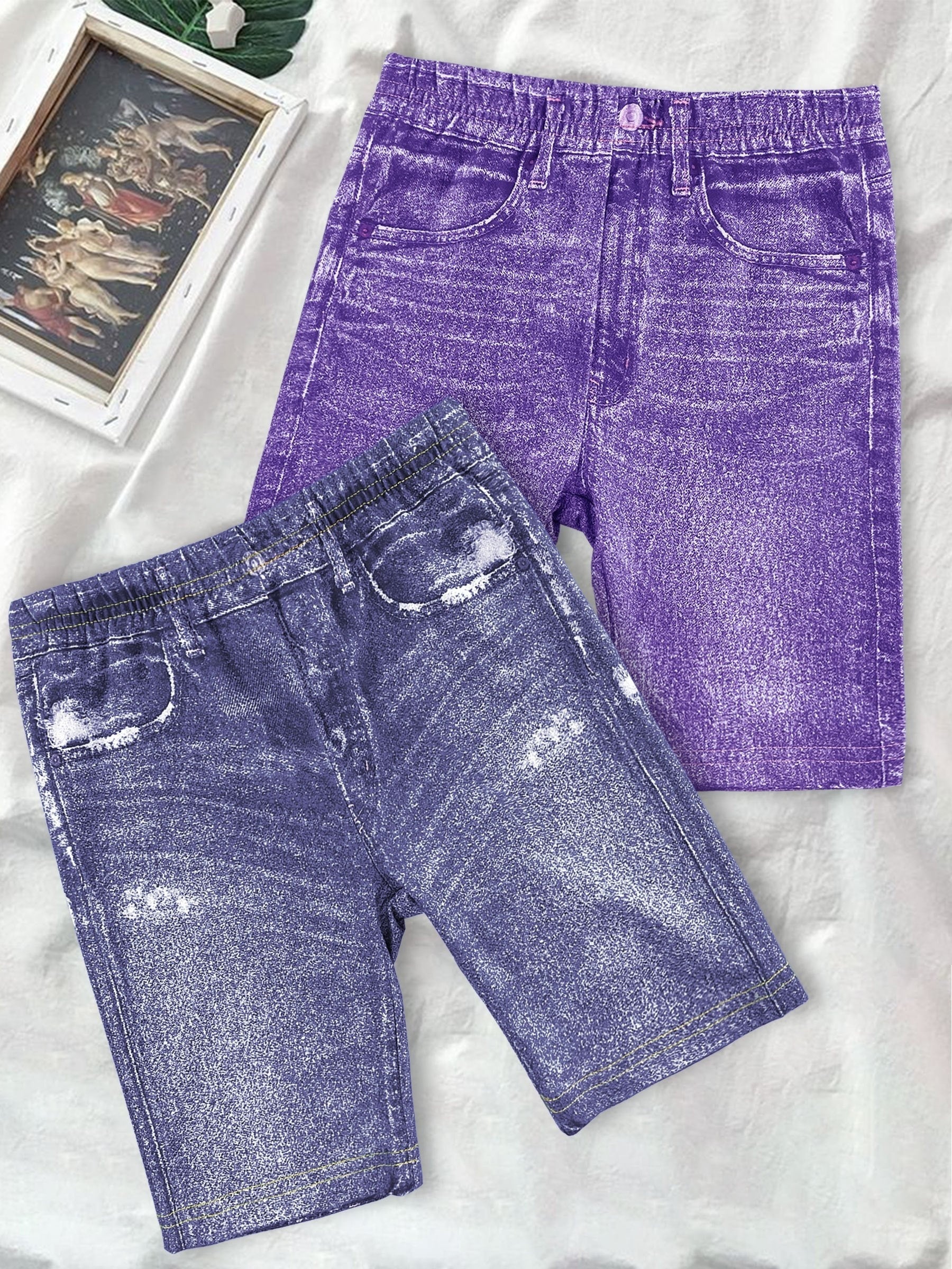 2pcs Girls' Denim Graphic Bike Shorts for Summer