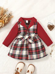 Plaid Patchwork Winter Vintage Windbreaker Dress for Toddler Girls