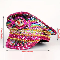 Glitter Red Military Hat Sequin Burning Man Captain Sergeant Hat Rhinestone Bach
