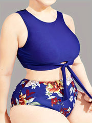 Boho Tankini Set Solid Tie Front Crop Tank Top & Floral Print Panty