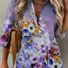 Floral & Stripe Print Long Sleeve Shirt Top