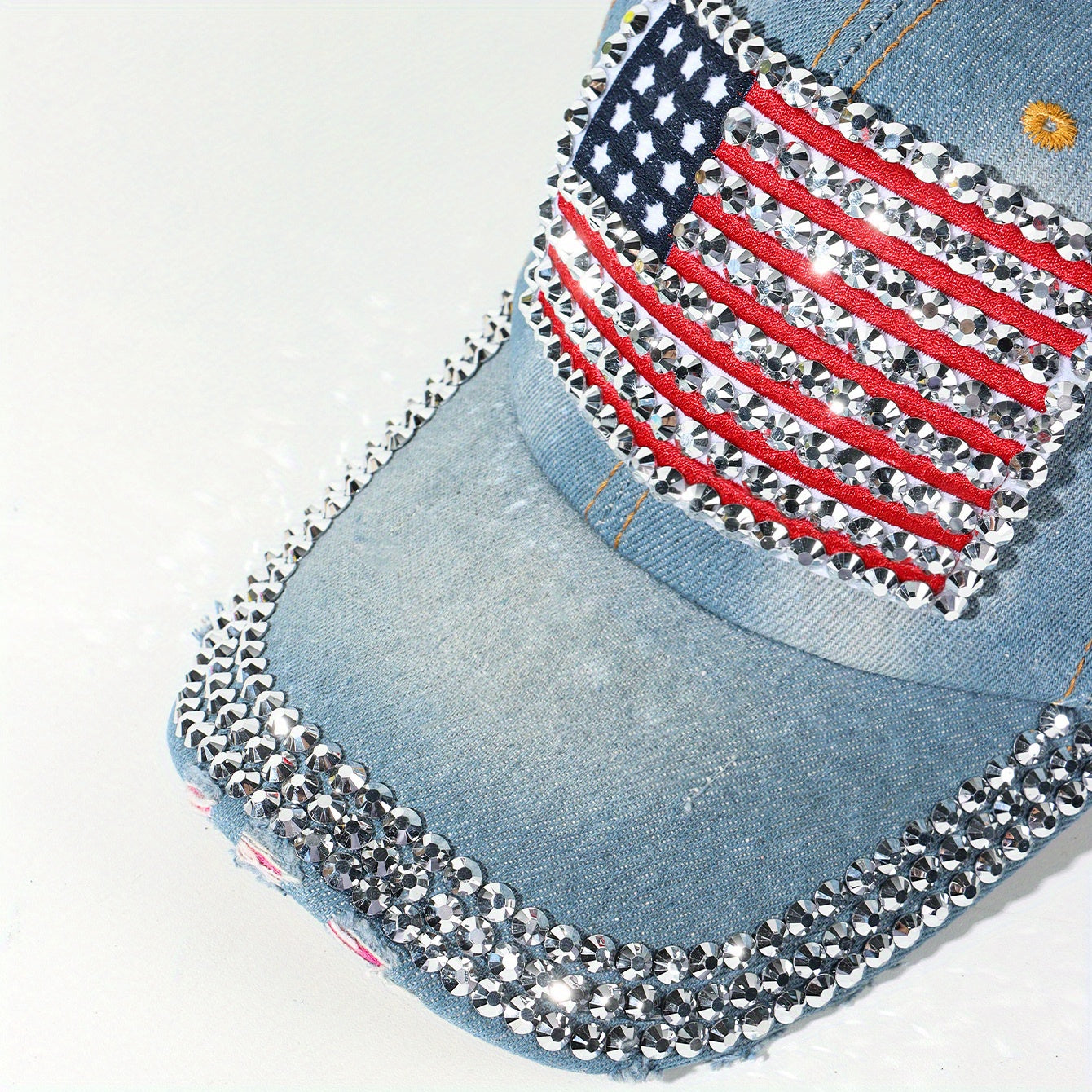 Rhinestone Flag Embroidery Baseball Cap Denim Y2K Hip Hop Sports Hat