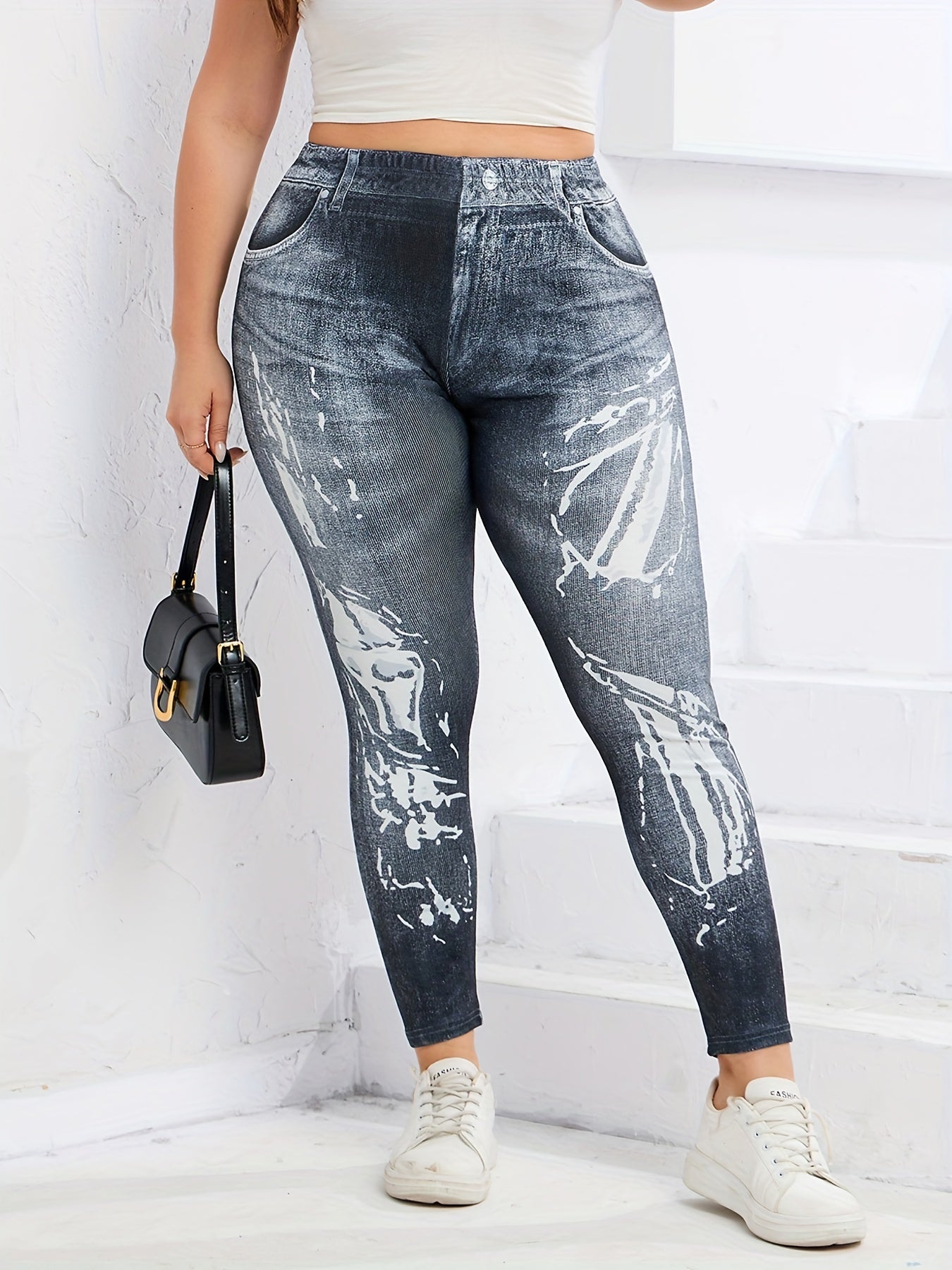 Denim Print Slim Pants Casual High Waist Long Length