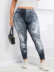Denim Print Slim Pants Casual High Waist Long Length