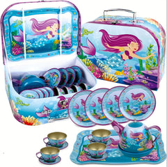 15pcs Mermaid Tea Party Set for Little Girls Pretend Tin Teapot Set