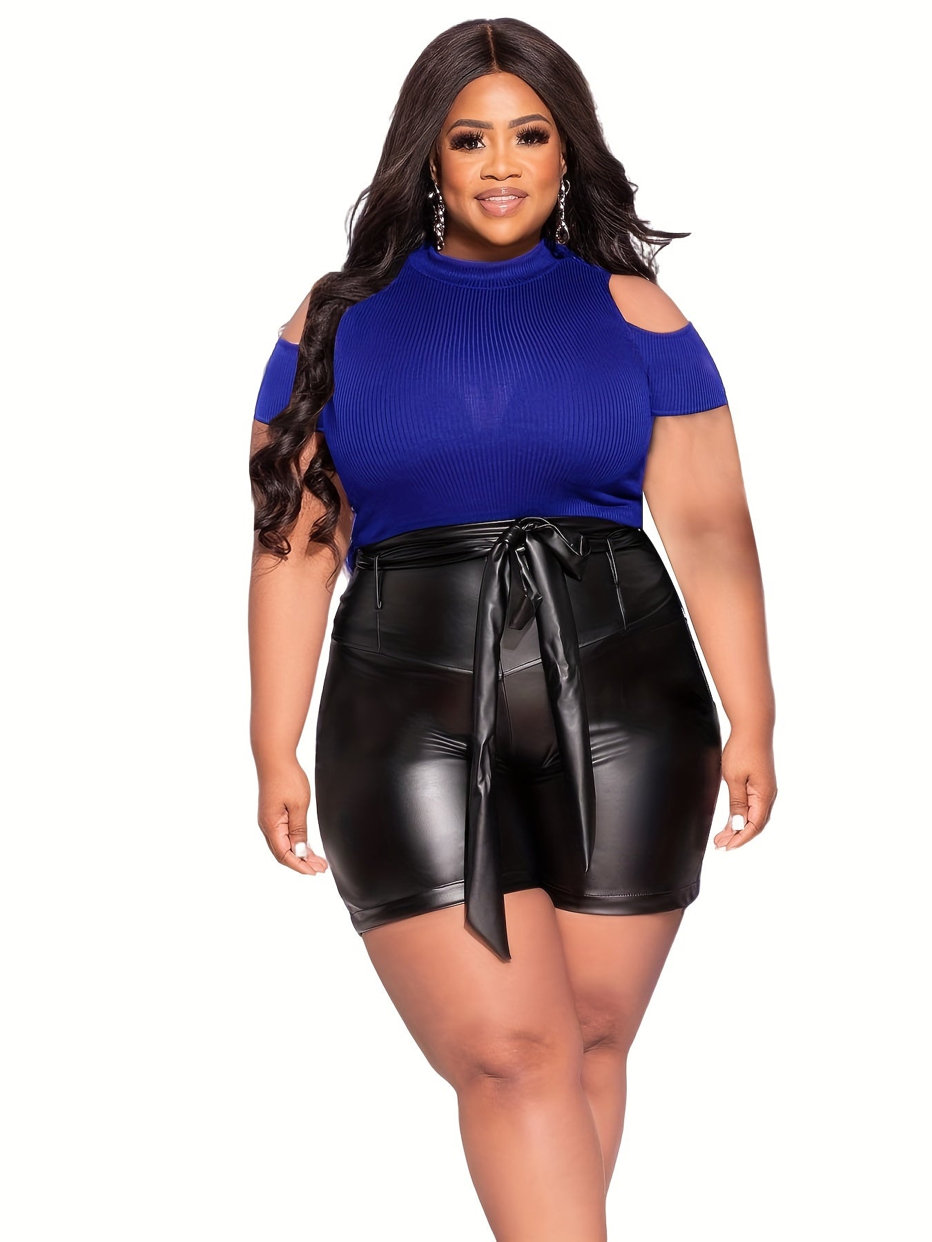 Solid Cold Shoulder Crop Top & Faux Leather Shorts Set