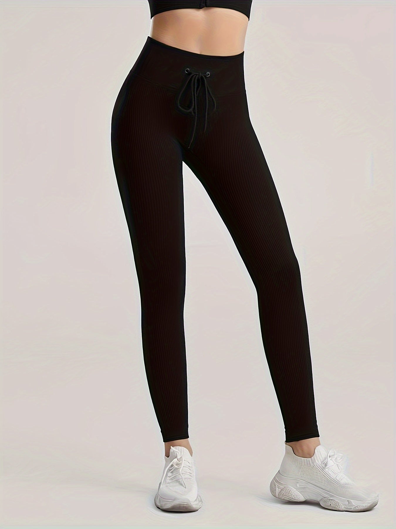 Ribbed Drawstring Running Leggings High Waist Yoga Pants