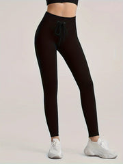 Ribbed Drawstring Running Leggings High Waist Yoga Pants