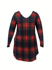 Plaid Print Long Sleeve V Neck A Line Dress