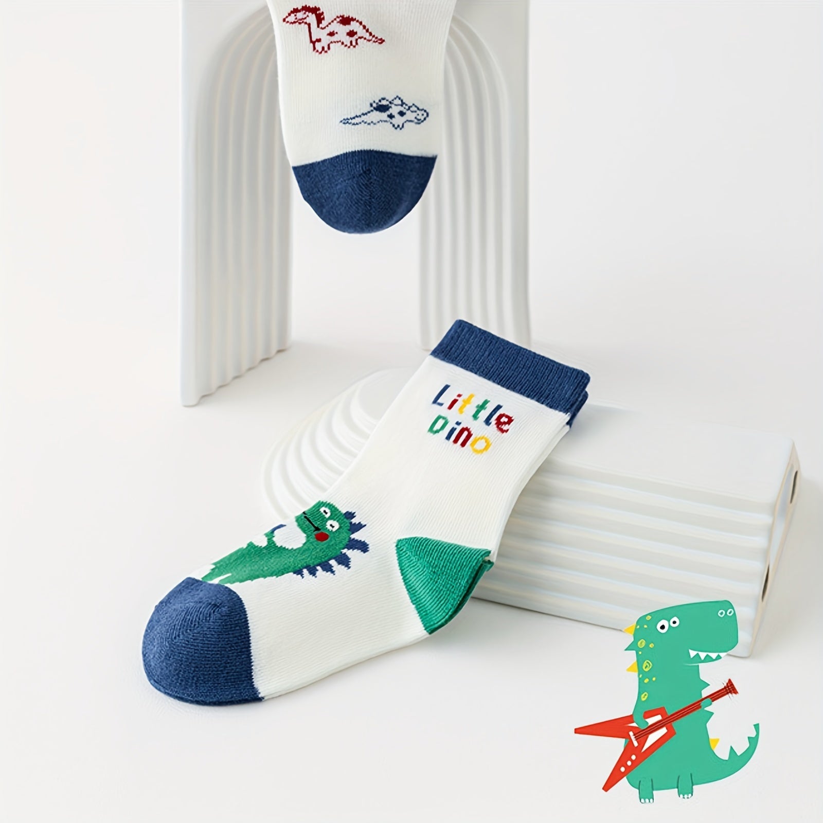 Boy's Dino Striped Crew Socks Breathable Comfy Casual Style