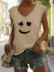 Smile Print V Neck Tank Top Women's Sleeveless Casual Summer Tank