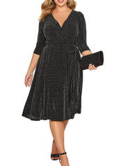 Sequin V Neck 3/4 Sleeve Midi Prom Dress Plus Size