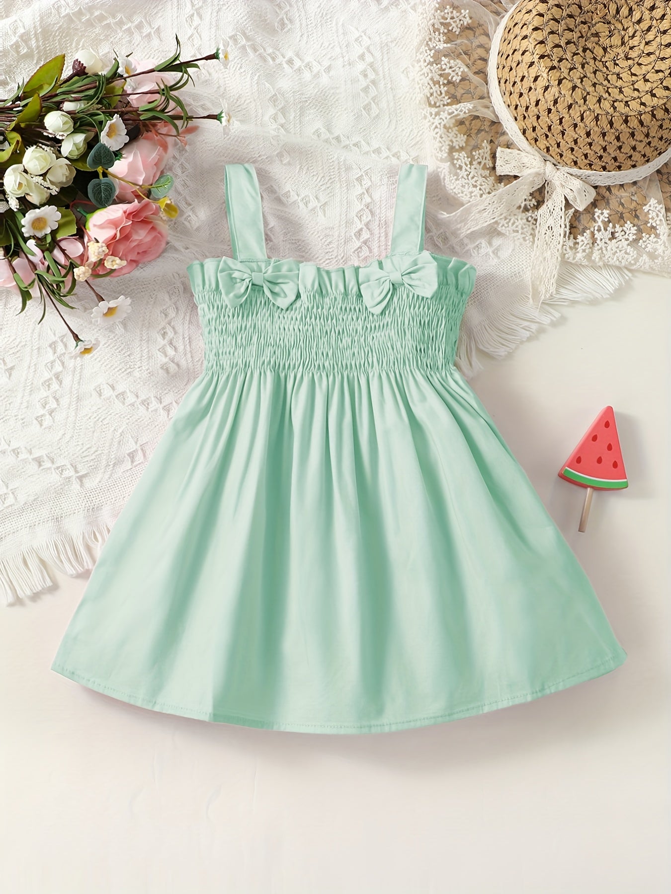 Girls Shirred Bow Puffy Cami Dress For Summer Holiday Party