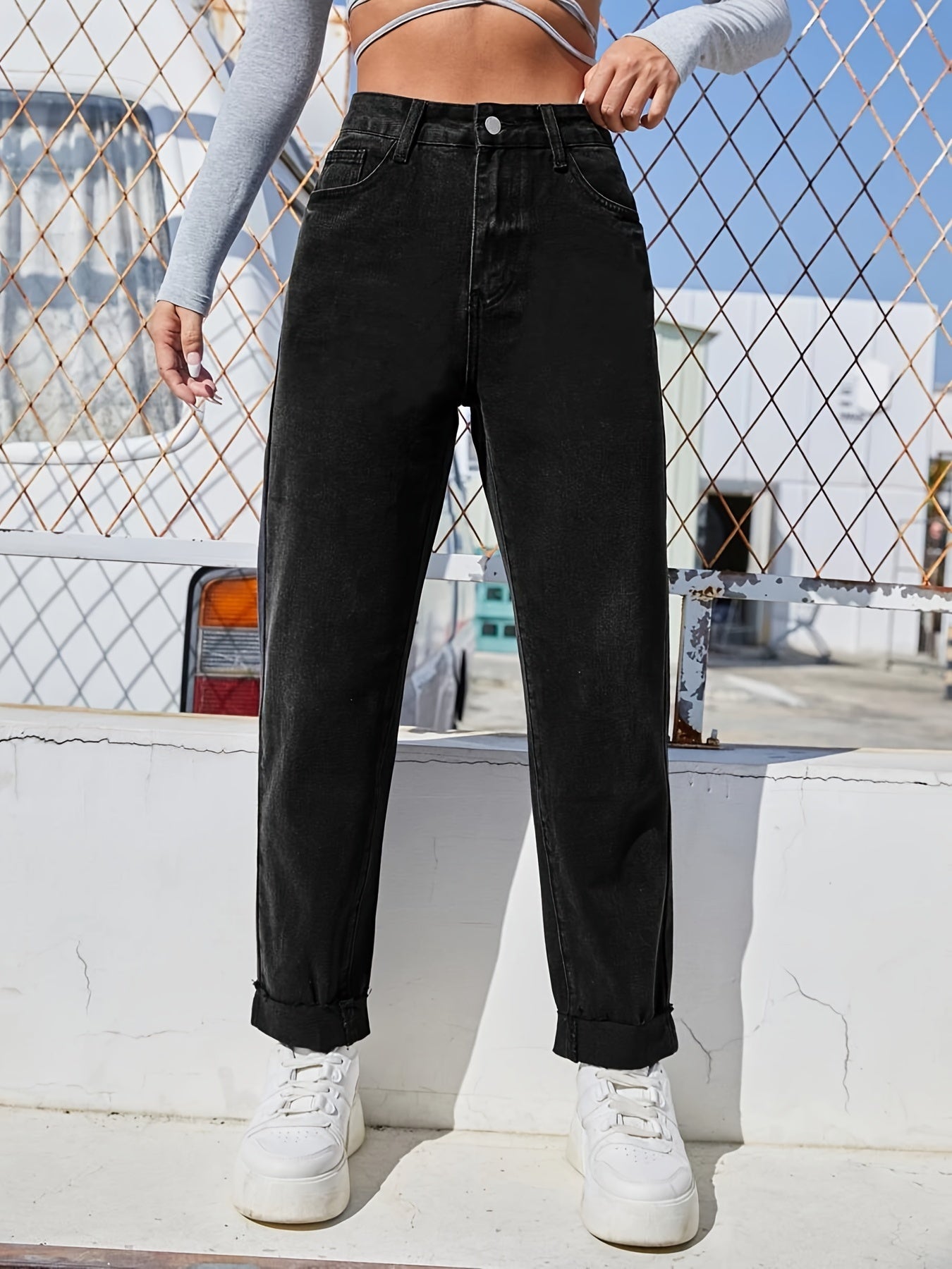 High Waist Straight Jeans Slash Pockets High Rise Loose Fit