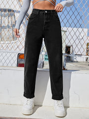 High Waist Straight Jeans Slash Pockets High Rise Loose Fit