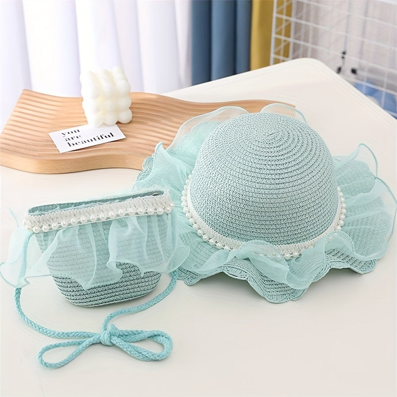 Summer Pearl Lace Straw Hat Bag Set Princess Girl Travel Sun Hat