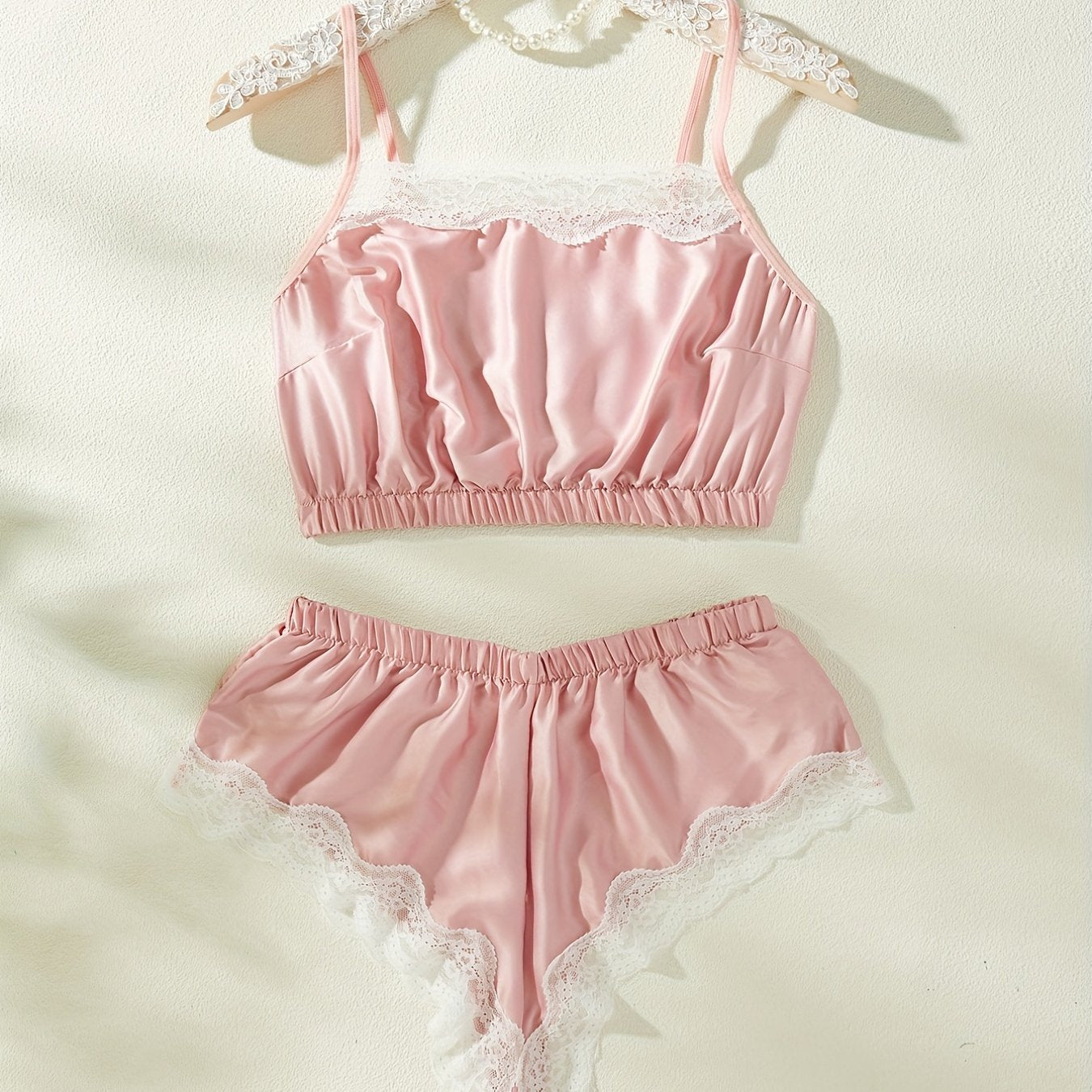 Lace Trim Pajama Set Sleeveless Cami Top & Shorts