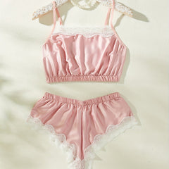 Lace Trim Pajama Set Sleeveless Cami Top & Shorts
