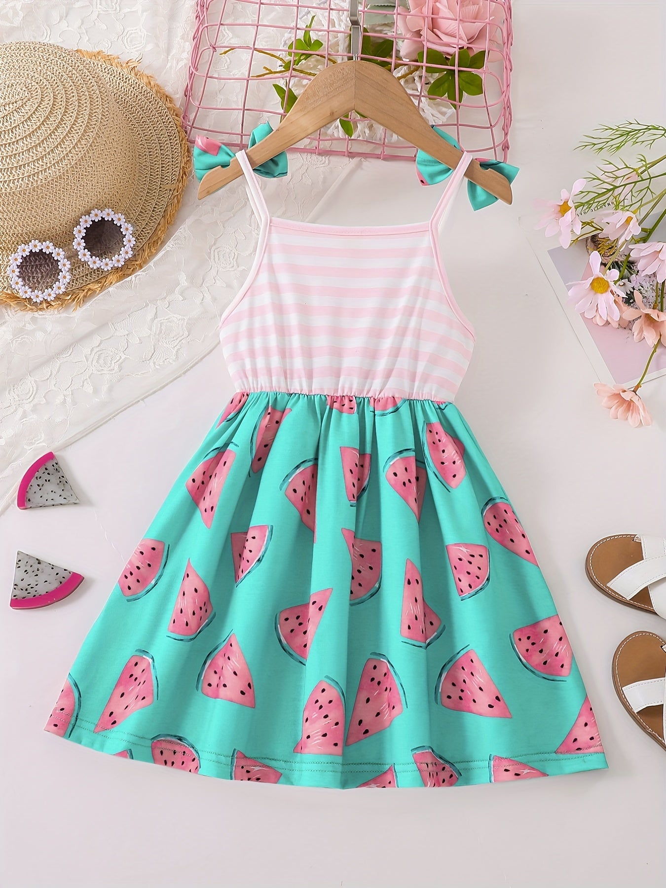 Toddler Girls Watermelon Stripes Graphic Bow Shoulder Cami Princess Dress