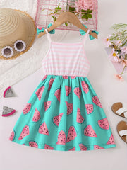 Toddler Girls Watermelon Stripes Graphic Bow Shoulder Cami Princess Dress