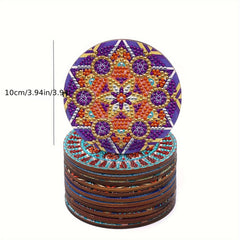 12pcs Round Manda Flower Pattern Coaster DIY Diamond Painted Wooden Coaster