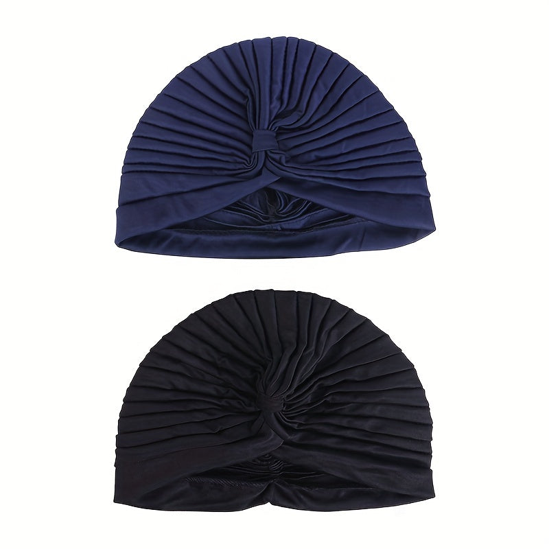2pcs Knot Crinkle Turban Cap & Headwrap Elastic Lightweight Bonnet Chemo Cap