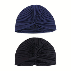 2pcs Knot Crinkle Turban Cap & Headwrap Elastic Lightweight Bonnet Chemo Cap