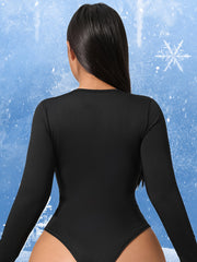 Plush Lined Slimming Yoga Jumpsuit Long Sleeves Round Neck Stretchy Bodysuit