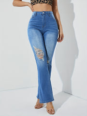 High Rise Ripped Thigh Bootcut Jeans Embossed Crotch Distressed Flare Jeans