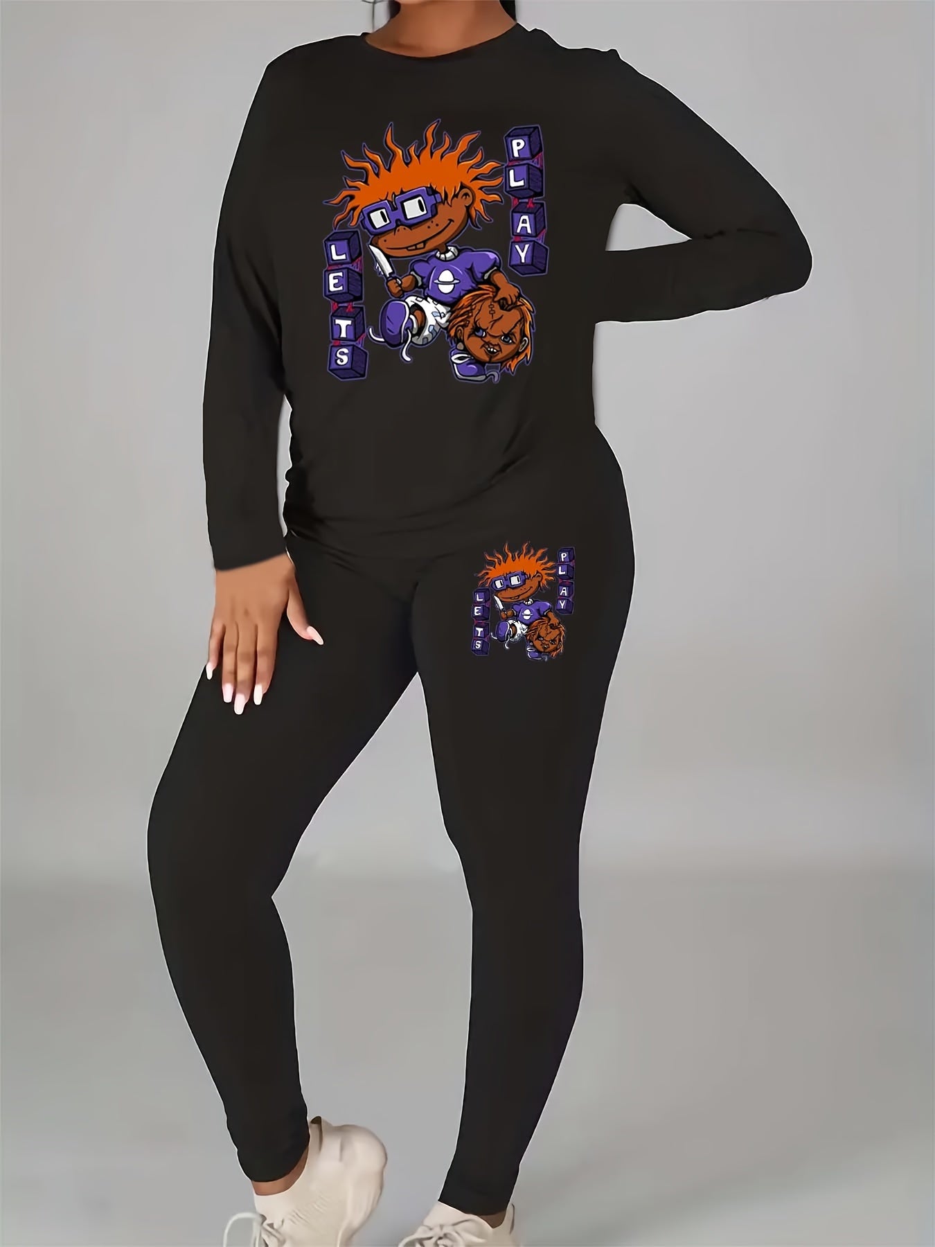 Women's Plus Letter & Graphic Print Long Sleeve Top & Leggings Set