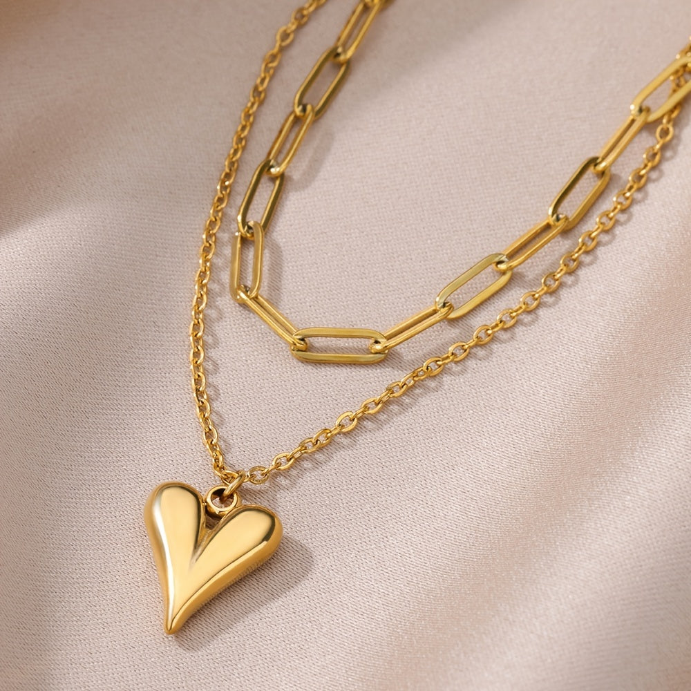 Love Stainless Steel Golden Double Layer Necklace For Couple