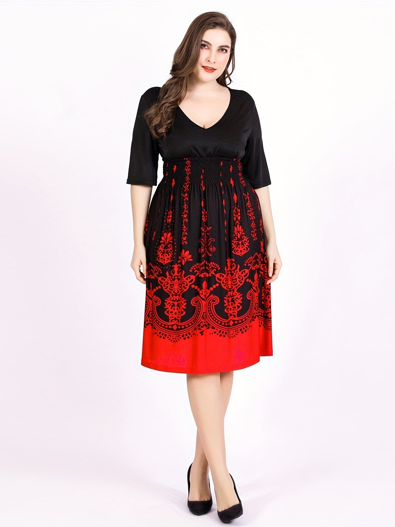 Damask Print Half Sleeve V-Neck Midi Dress
